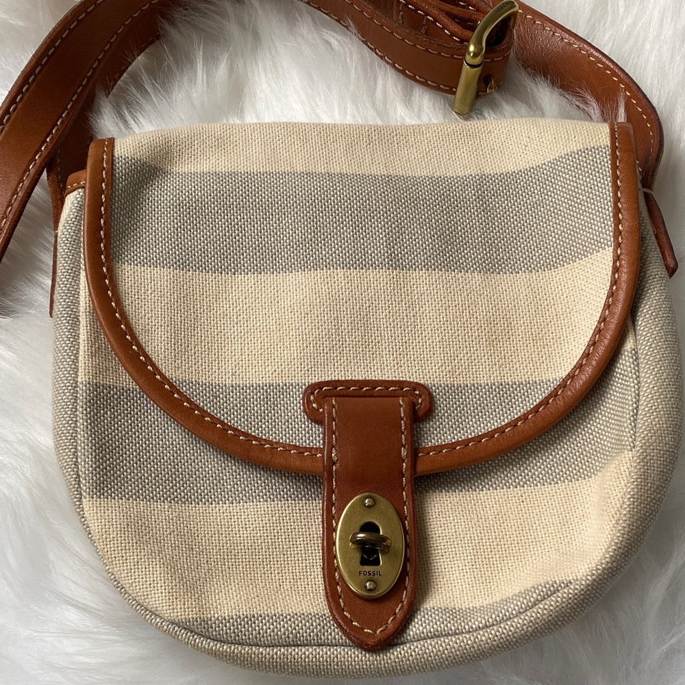 Fossil Beige & Gray Striped Canvas Crossbody with Brown Leather Trim